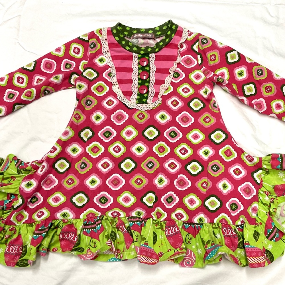 Jelly The Pug Pink Green Holiday Christmas Top or Dress sz 6